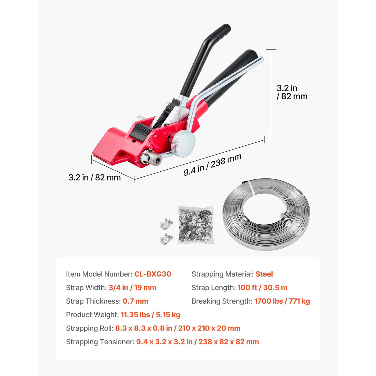 Steel Banding Strapping Kit, Heavy Duty Banding Sealer Tool with 100 ft Binding Straps, 100 Metal Clasps, Manual Pallet Packaging Strapping Kit for Warehouse, Transportation, Industrial Bundling