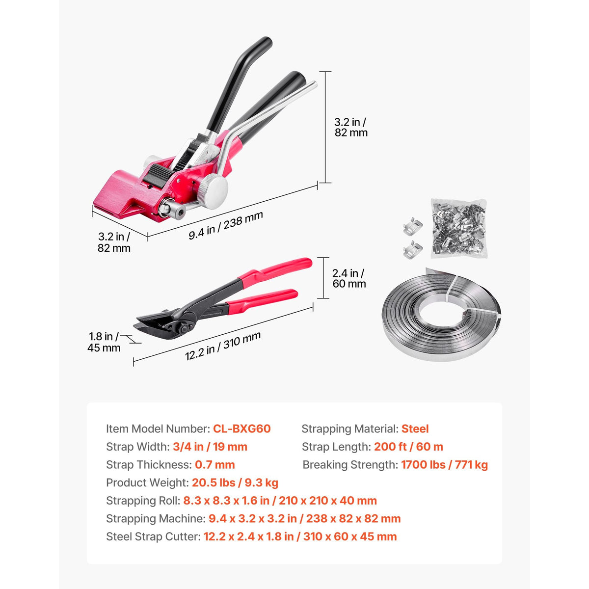 Steel Banding Strapping Kit, Heavy Duty Banding Sealer Tool with 200 ft Binding Straps, 200 Metal Clasps, Manual Pallet Packaging Strapping Kit for Warehouse, Transportation, Industrial Bundling