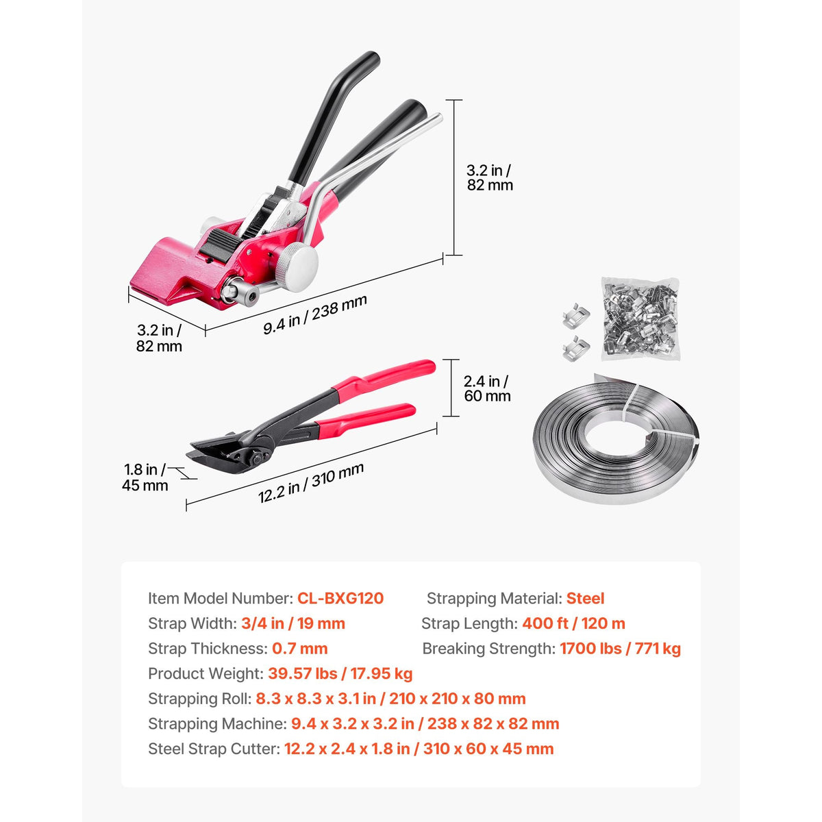 Steel Banding Strapping Kit, Heavy Duty Banding Sealer Tool with 400 ft Binding Straps, 400 Metal Clasps, Manual Pallet Packaging Strapping Kit for Warehouse, Transportation, Industrial Bundling