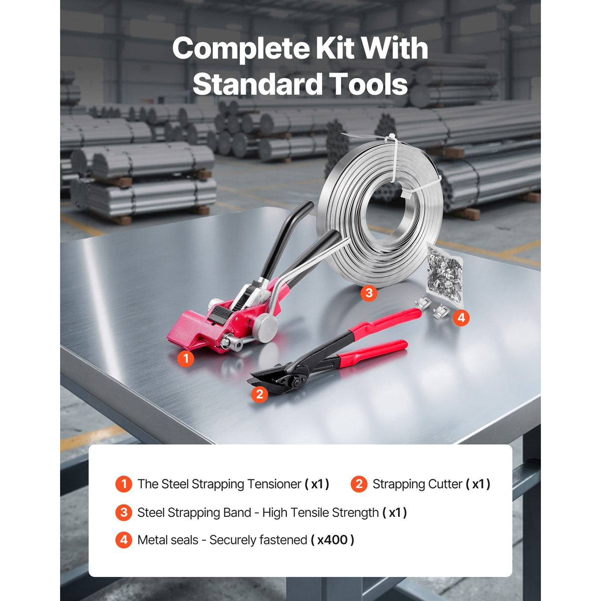 Steel Banding Strapping Kit, Heavy Duty Banding Sealer Tool with 400 ft Binding Straps, 400 Metal Clasps, Manual Pallet Packaging Strapping Kit for Warehouse, Transportation, Industrial Bundling