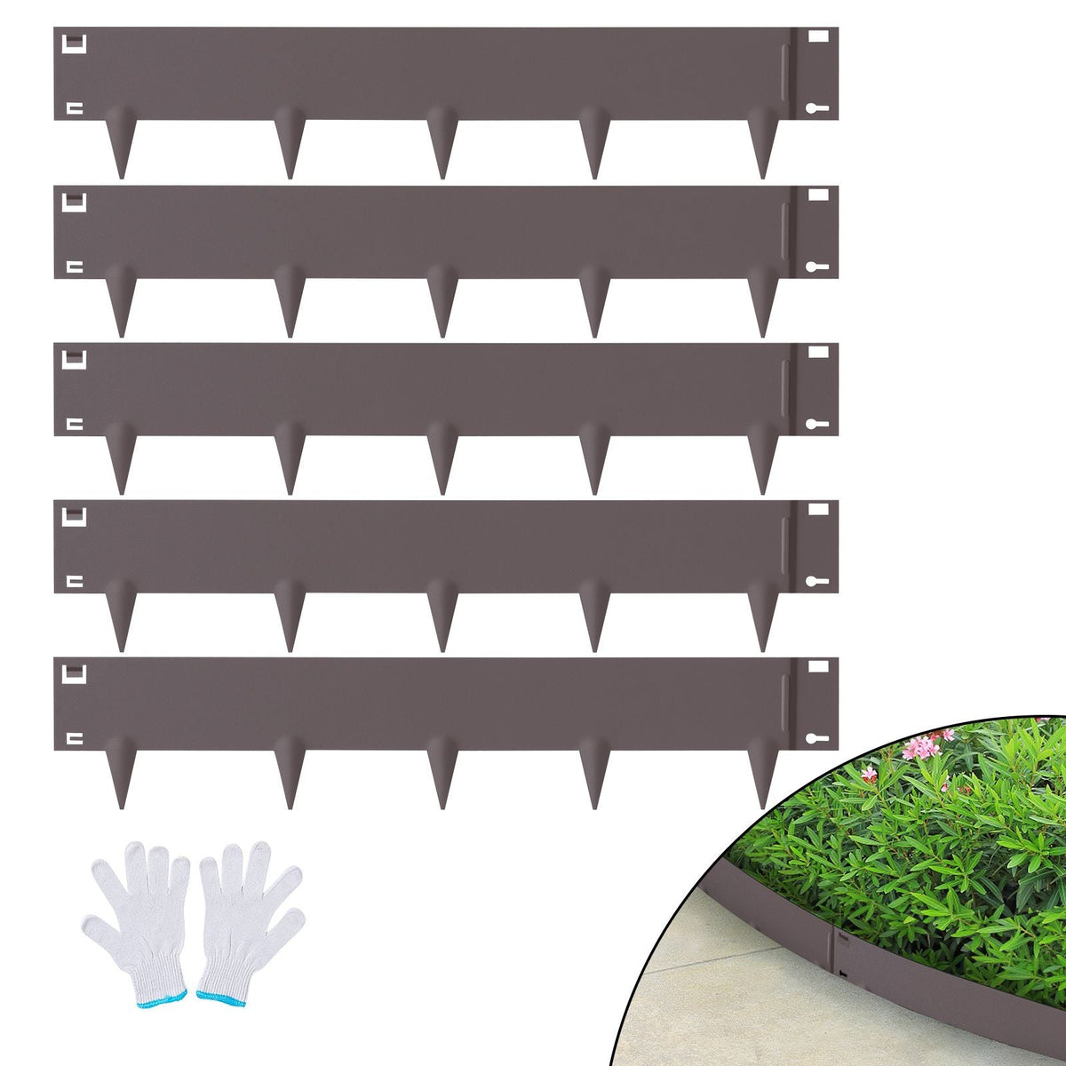 Steel Landscape Edging, 5-pack Steel Garden Edging Borders, 39" L x 5" H Strips, Hammer-in Edging Border, Bendable Metal Landscape Edging for Yard, Garden, Lawn, 3.15" Spike Height, Brown