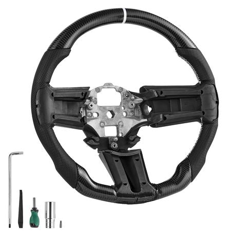 Steering Wheel for 2010-2014 Ford Mustang, Carbon Fiber Steering Wheel D-Shaped Flat-Bottom, Leather Grip with Non-Slip Texture & Precise Stitching, Accessories Replacement for Mustang, Black