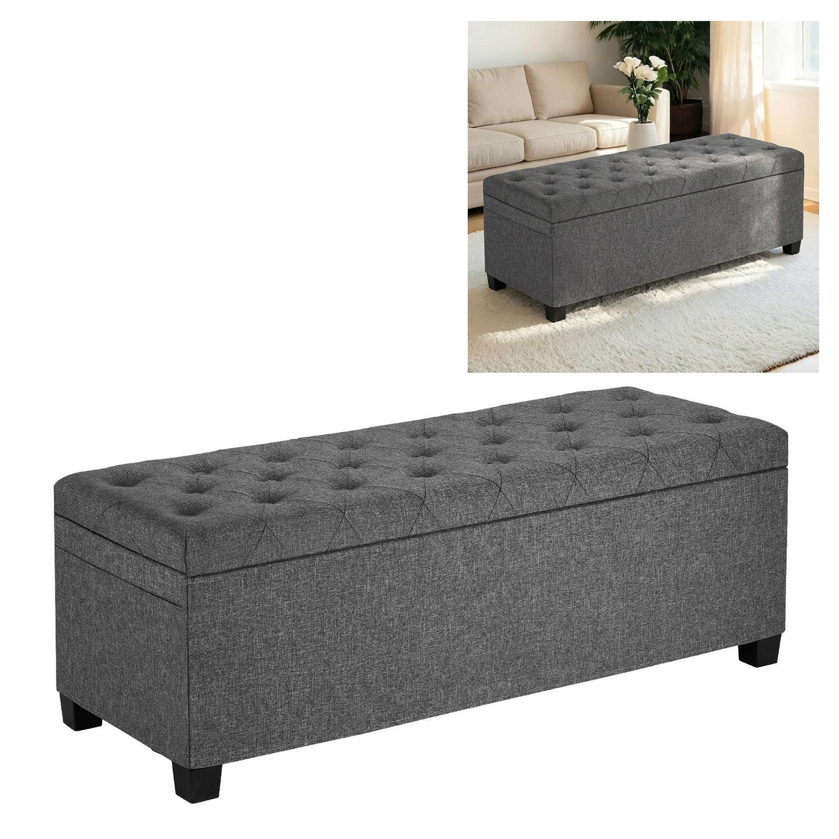 Storage Ottoman Bench, Button-Tufted End of Bed Bench with Side Bags, Flip-up Upholstered Storage Chest with Metal Frame, Linen Bed Ottoman for Living Room, Bedroom, Entryway, Office, Grey