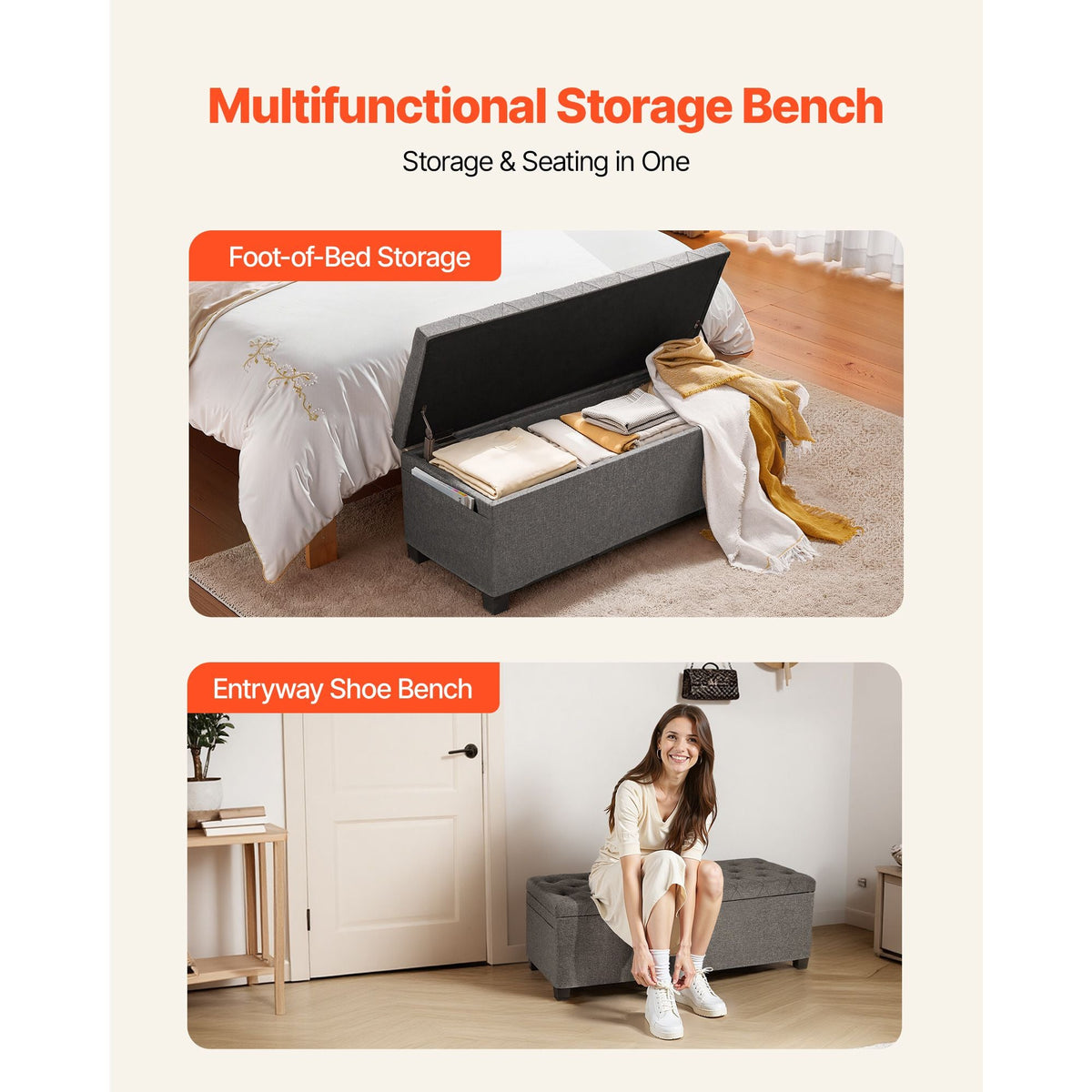 Storage Ottoman Bench, Button-Tufted End of Bed Bench with Side Bags, Flip-up Upholstered Storage Chest with Metal Frame, Linen Bed Ottoman for Living Room, Bedroom, Entryway, Office, Grey