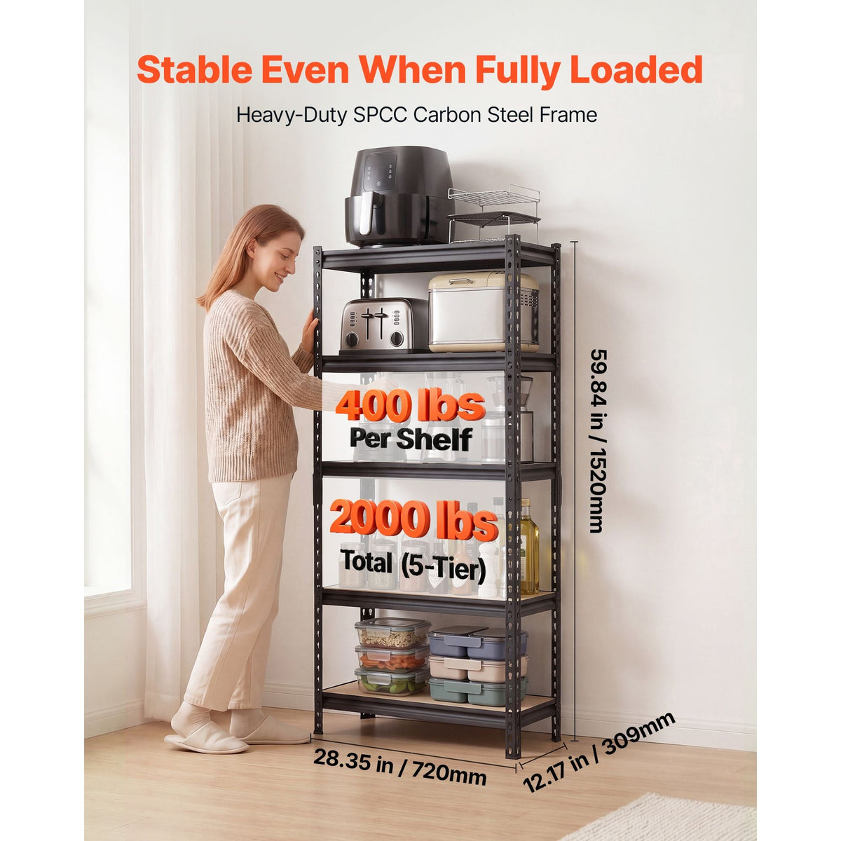 Storage Shelves, 5-Tier Adjustable, 2000 lbs Capacity, Heavy Duty Garage Storage Shelving Unit, Metal Utility Rack Shelf, for Kitchen Pantry Basement Bathroom, 28.35" W x 12.17" D x 59.84" H
