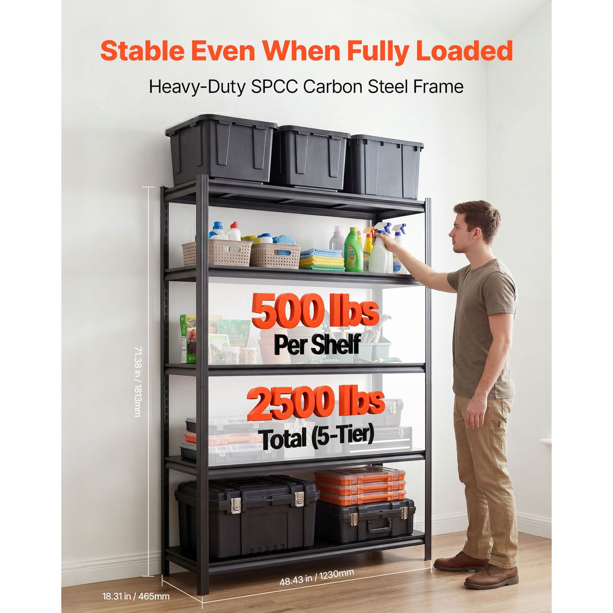 Storage Shelves, 5-Tier Adjustable, 2500 lbs Capacity, Heavy Duty Garage Storage Shelving Unit, Metal Utility Rack Shelf, for Garage Warehouse Basement Kitchen, 48.43" W x 18.31" D x 71.38" H