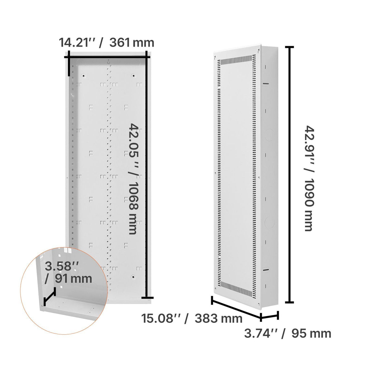 Structured Media Enclosure, 42-Inch, Recessed in-Wall Media Box with Cover, Wall-Mount Cable Management Box Kit, Structured Wiring Multi-Media Cabinet, Cold-Rolled Steel, for TV Home Theater
