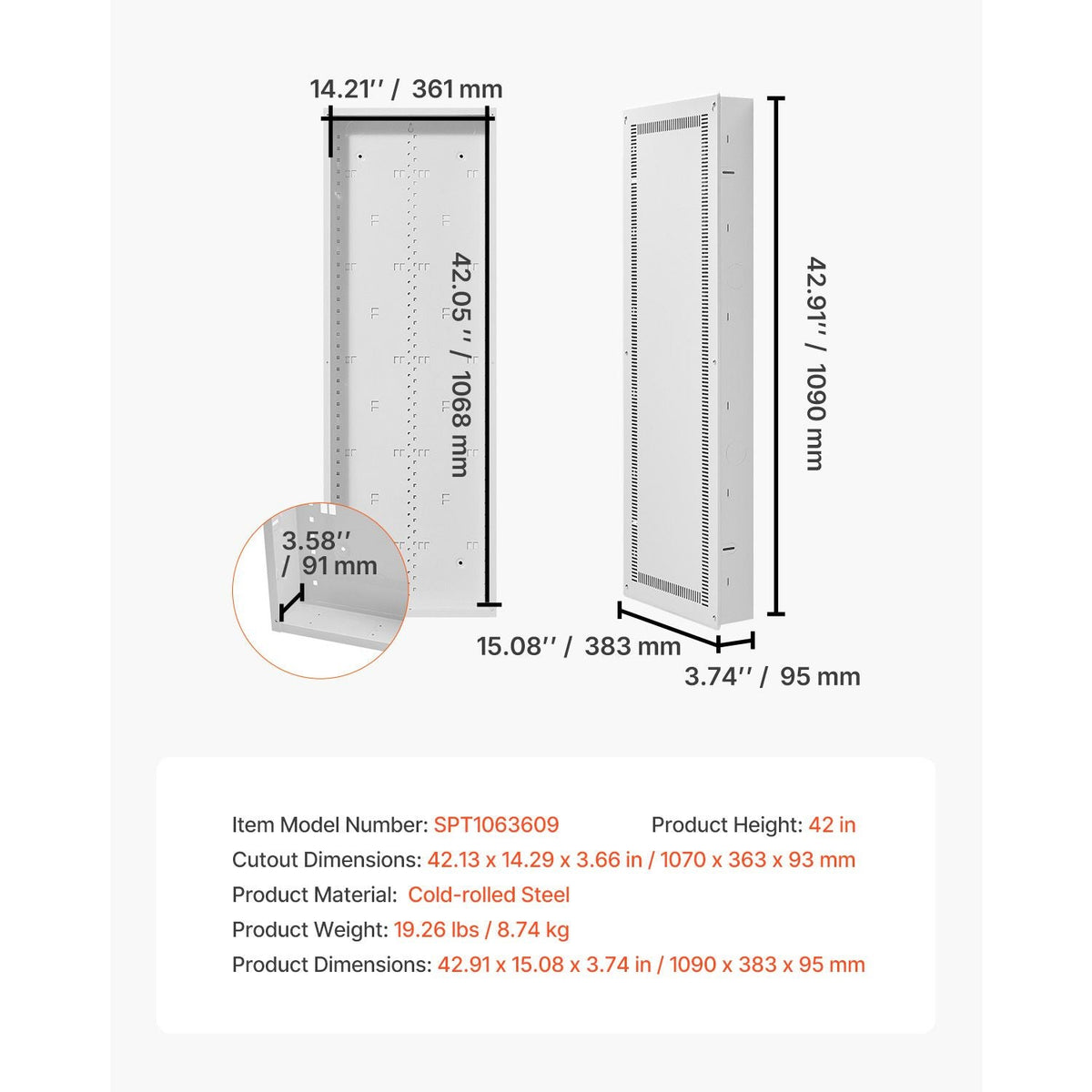 Structured Media Enclosure, 42-Inch, Recessed in-Wall Media Box with Cover, Wall-Mount Cable Management Box Kit, Structured Wiring Multi-Media Cabinet, Cold-Rolled Steel, for TV Home Theater