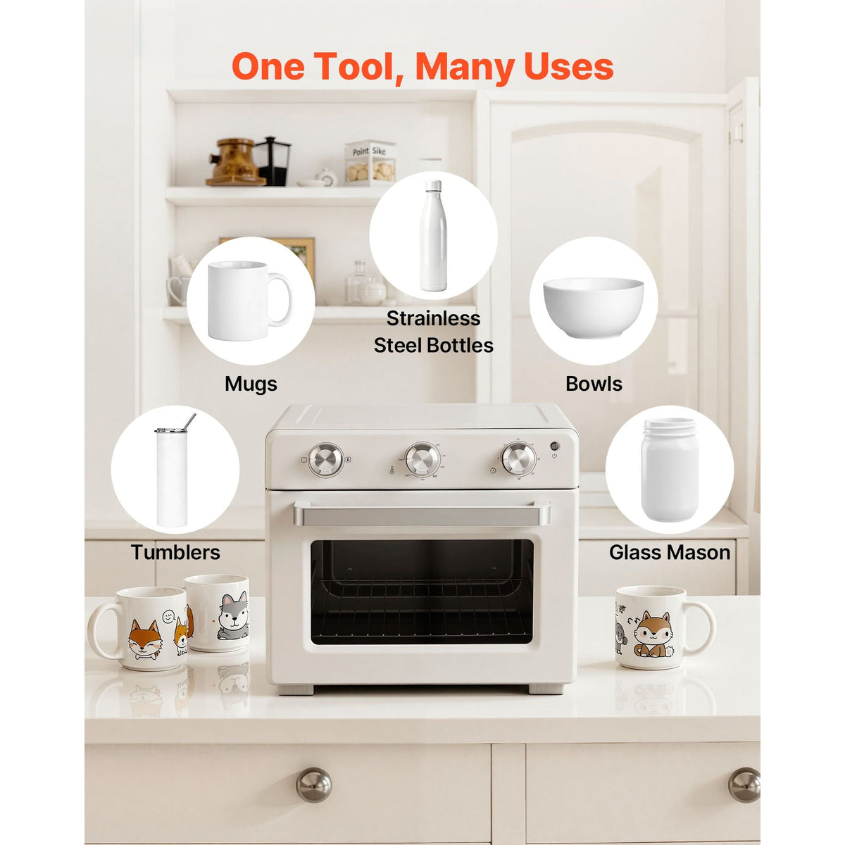Sublimation Oven Machine, 26 Qt, Fits 40oz Tumblers, with 50 Shrink Films, 1 Tape and 2 Heat Gloves, 360° Turbo Convection for Sublimation Blank Tumblers, Mugs, Bowls, Off-White