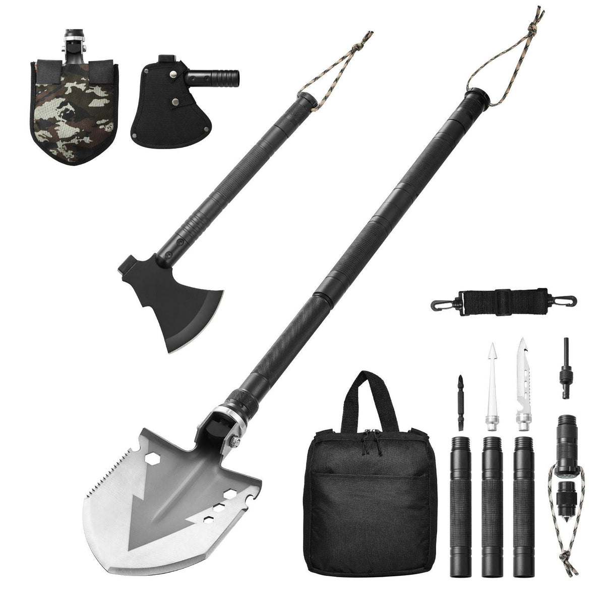 Survival Shovel Survival Axe, 16-in-1 Camping Folding Shovels with Hatchet, Stainless Steel Tactical Shovel Hatchet Combo, Multifunctional Emergency Survival Gear Equipment for Camping Hiking