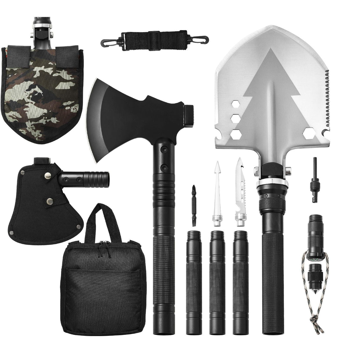 Survival Shovel Survival Axe, 16-in-1 Camping Folding Shovels with Hatchet, Stainless Steel Tactical Shovel Hatchet Combo, Multifunctional Emergency Survival Gear Equipment for Camping Hiking