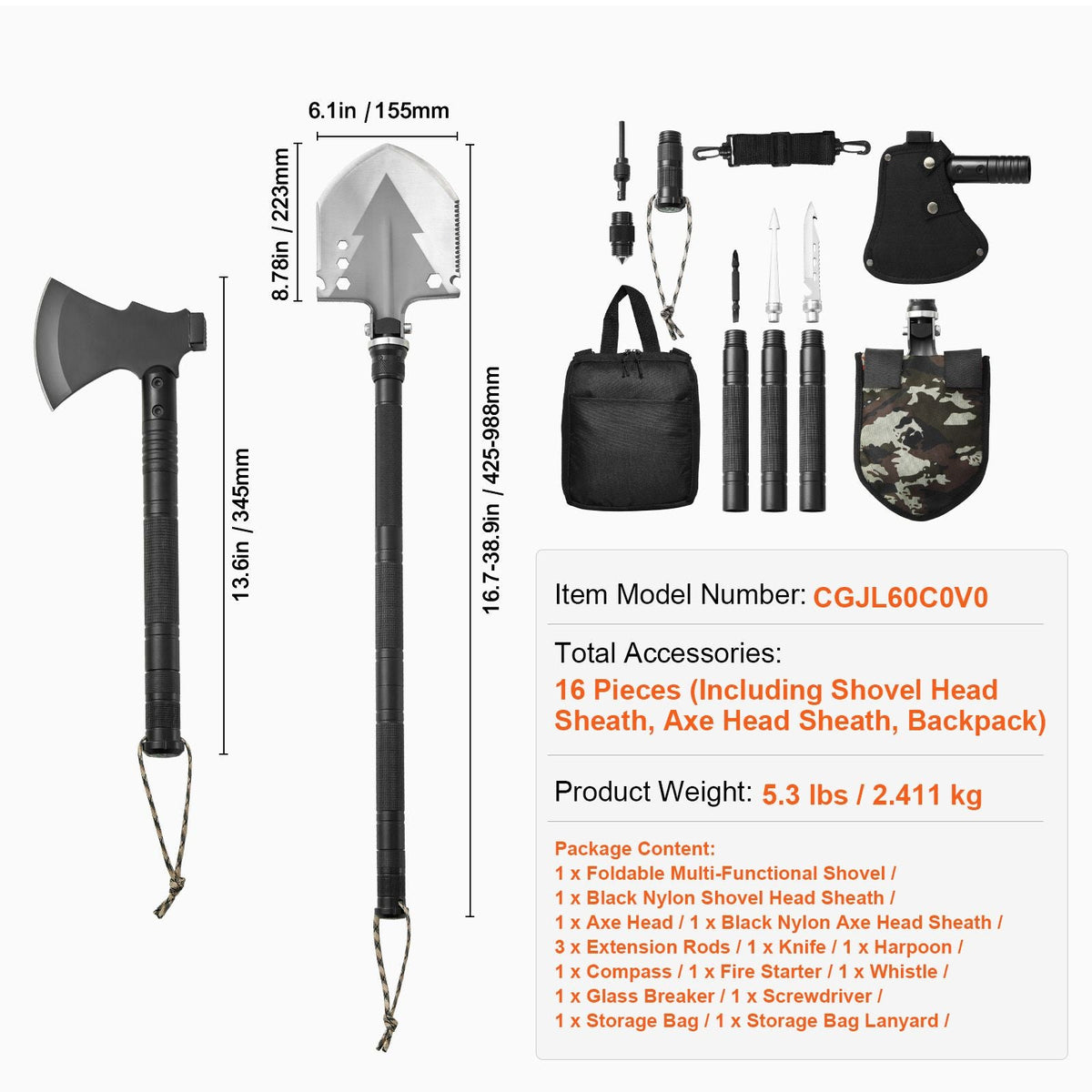 Survival Shovel Survival Axe, 16-in-1 Camping Folding Shovels with Hatchet, Stainless Steel Tactical Shovel Hatchet Combo, Multifunctional Emergency Survival Gear Equipment for Camping Hiking