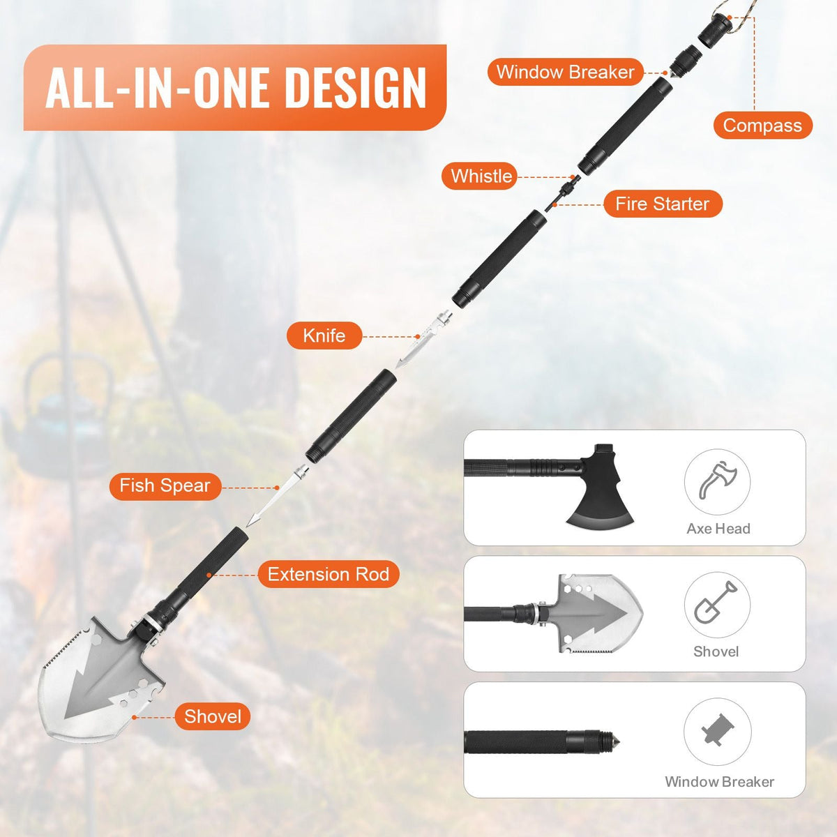 Survival Shovel Survival Axe, 16-in-1 Camping Folding Shovels with Hatchet, Stainless Steel Tactical Shovel Hatchet Combo, Multifunctional Emergency Survival Gear Equipment for Camping Hiking