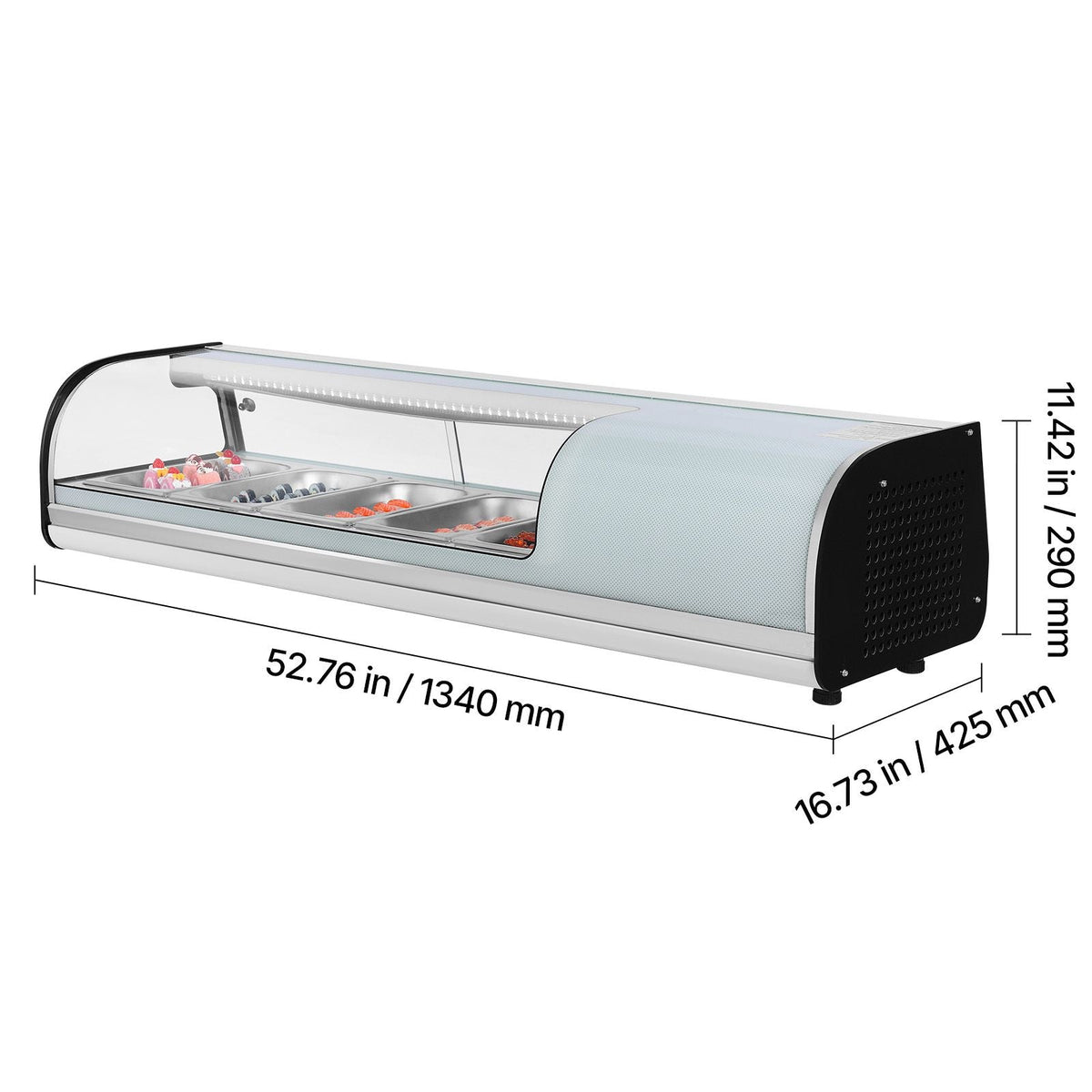 Sushi Display Case Refrigerator, 1.8 Cu.ft Commercial Sushi Case, 5-Pan Countertop Showcase with Curved Glass, LED Lighting, and Digital Temperature Control, for Sushi-Bar, Restaurant, Store