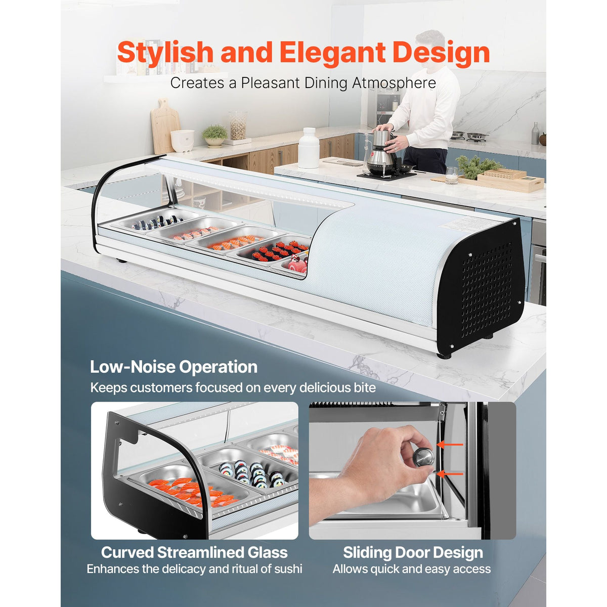 Sushi Display Case Refrigerator, 1.8 Cu.ft Commercial Sushi Case, 5-Pan Countertop Showcase with Curved Glass, LED Lighting, and Digital Temperature Control, for Sushi-Bar, Restaurant, Store