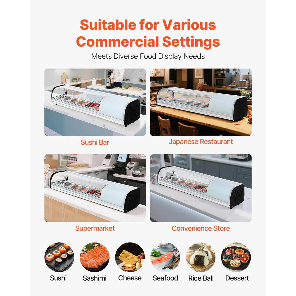 Sushi Display Case Refrigerator, 2.2 Cu.ft Commercial Sushi Case, 6-Pan Countertop Showcase with Curved Glass, LED Lighting, and Digital Temperature Control, for Sushi-Bar, Restaurant, Store