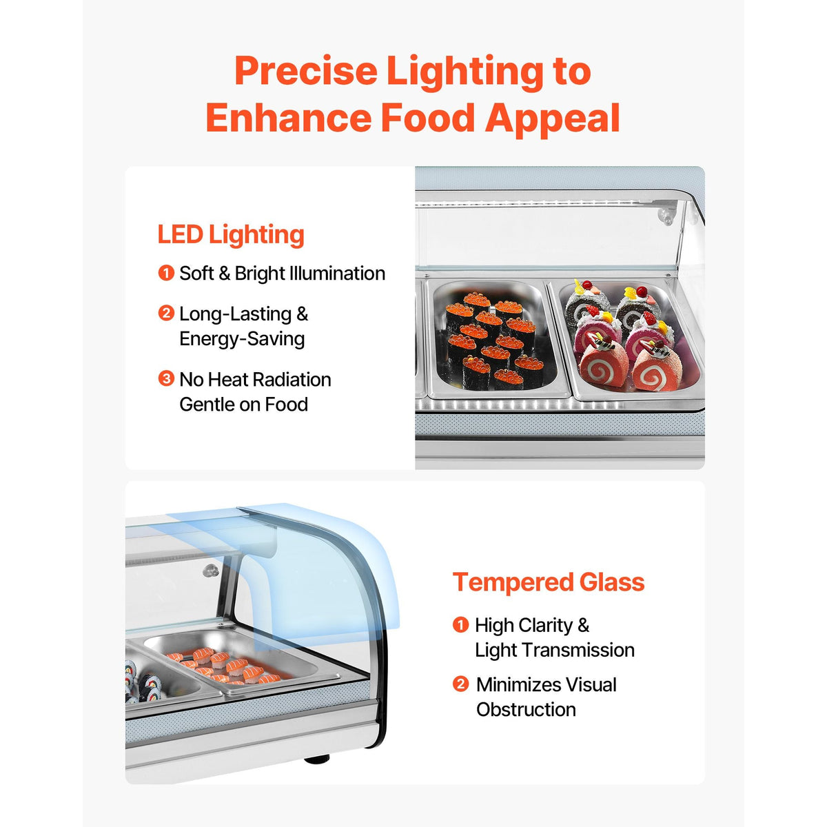 Sushi Display Case Refrigerator, 2.2 Cu.ft Commercial Sushi Case, 6-Pan Countertop Showcase with Curved Glass, LED Lighting, and Digital Temperature Control, for Sushi-Bar, Restaurant, Store