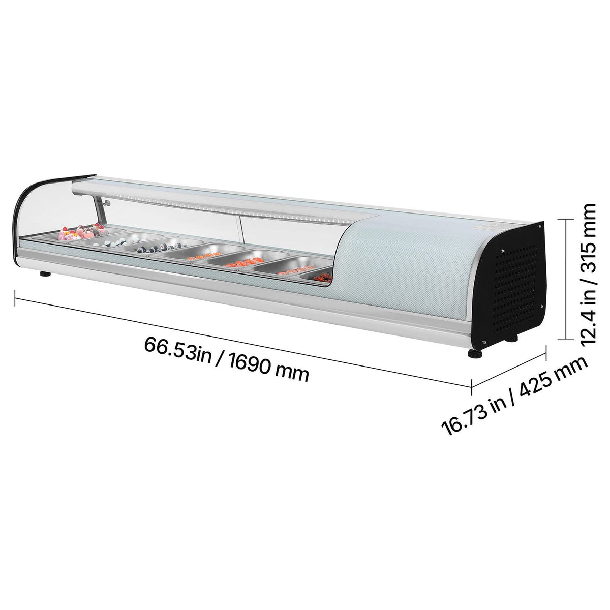Sushi Display Case Refrigerator, 2.5 Cu.ft Commercial Sushi Case, 7-Pan Countertop Showcase with Curved Glass, LED Lighting, and Digital Temperature Control, for Sushi-Bar, Restaurant, Store