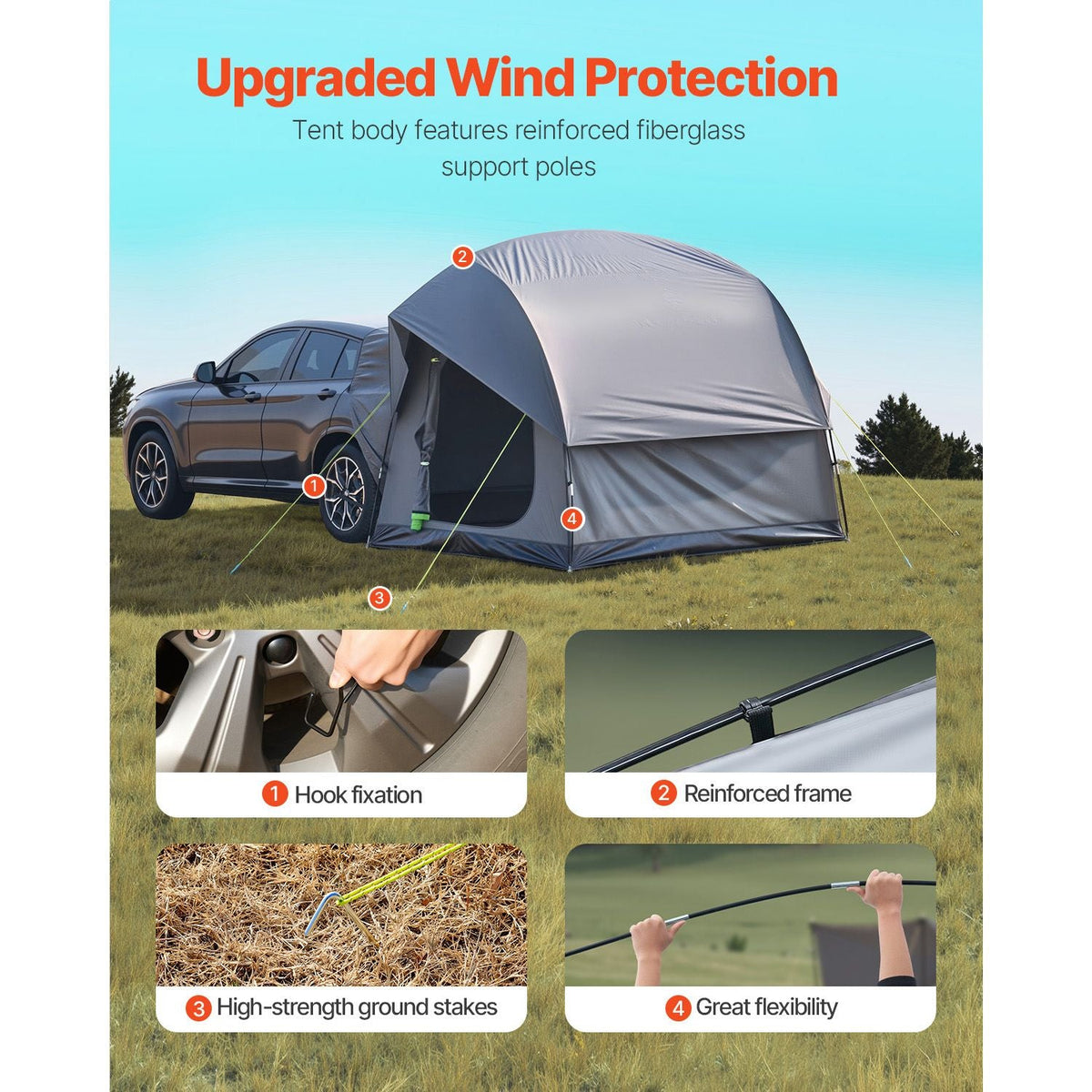 SUV Tent for Camping, 8FT L x 8FT W, Waterproof PU2000mm Spacious Double Layer Design for 5-8 Person, SUV Camping Tent with Mesh Windows, Includes Rainfly & Storage Bag, for Outdoor Activities