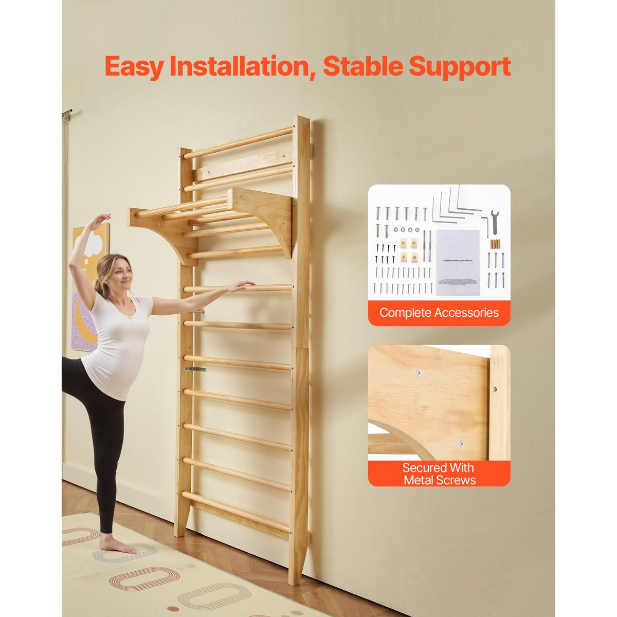 Swedish Ladder Wall Gym, 10-Level Solid Wood Indoor Jungle Gym, 220lbs Loading Indoor Playground Climbing Ladder for Kid Adults, Gymnastic Stall Bars with Pull-Up Bar - Ideal Gift for Boys Girls