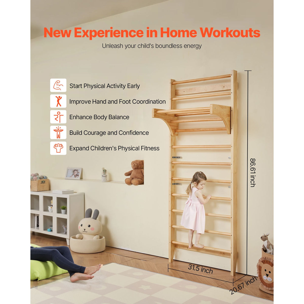 Swedish Ladder Wall Gym, 10-Level Solid Wood Indoor Jungle Gym, 220lbs Loading Indoor Playground Climbing Ladder for Kid Adults, Gymnastic Stall Bars with Pull-Up Bar - Ideal Gift for Boys Girls