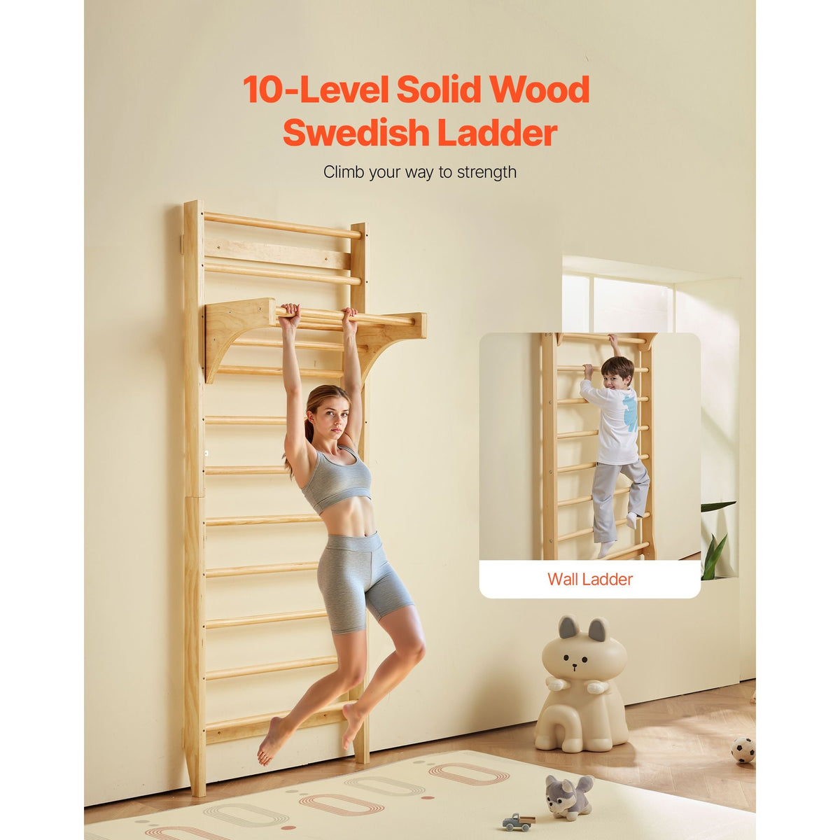 Swedish Ladder Wall Gym, 10-Level Solid Wood Indoor Jungle Gym, 220lbs Loading Indoor Playground Climbing Ladder for Kid Adults, Gymnastic Stall Bars with Pull-Up Bar - Ideal Gift for Boys Girls