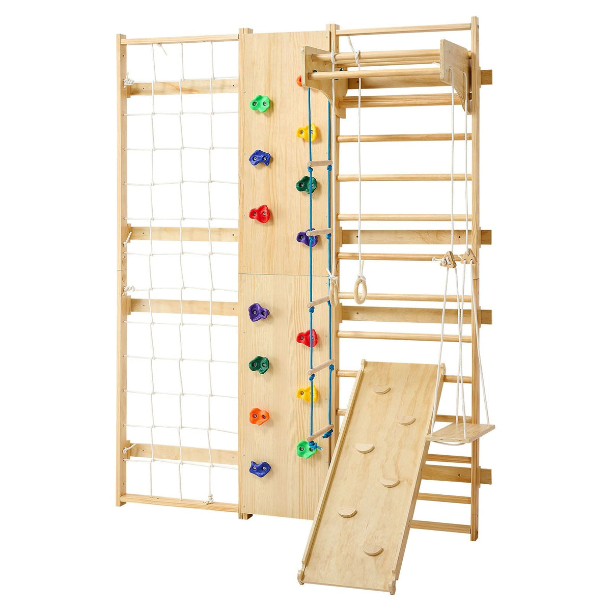 Swedish Ladder Wall Gym, 9-in-1 12-Level Solid Wood Gymnastic Stall Bars for Kids Adults, 220LBS Indoor Jungle Gym with Rock Climbing Wall, Gym Rings, Pull-Up Bar, Climbing Board, Slide, Swing