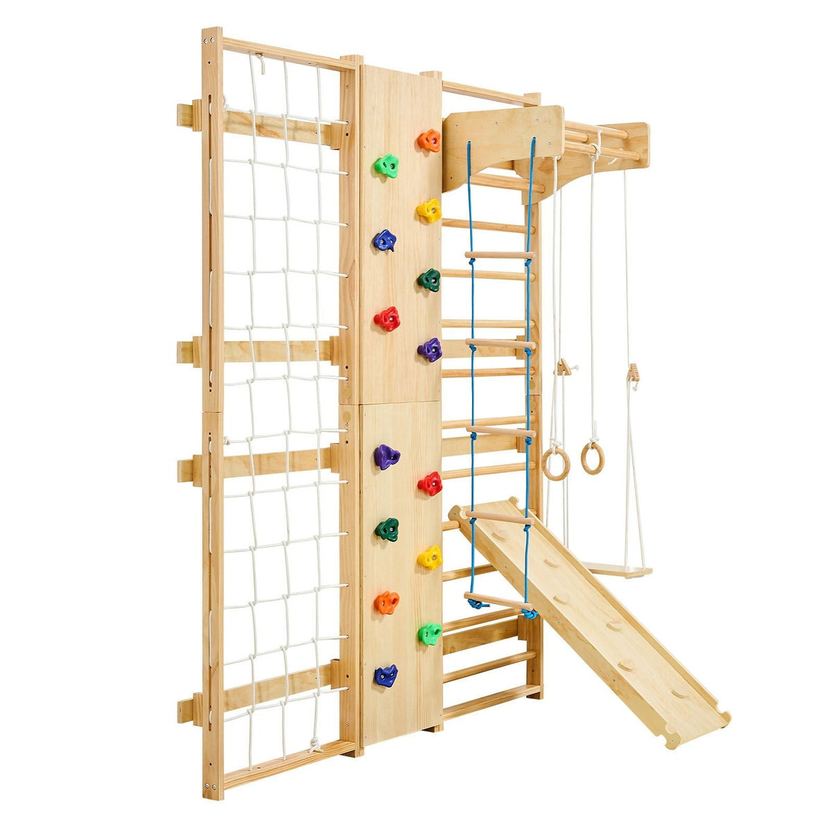 Swedish Ladder Wall Gym, 9-in-1 12-Level Solid Wood Gymnastic Stall Bars for Kids Adults, 220LBS Indoor Jungle Gym with Rock Climbing Wall, Gym Rings, Pull-Up Bar, Climbing Board, Slide, Swing