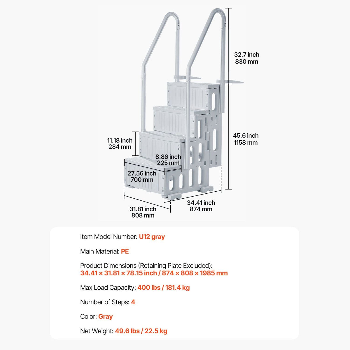 Swimming Pool Ladder, 4-Step Double Handrails Stairs with Non-slip Heavy Duty Steps, Reliable 400 lbs Max Load Capacity, for 48-54 In Inground & Above-ground Pools of Any Decking Surface, Grey