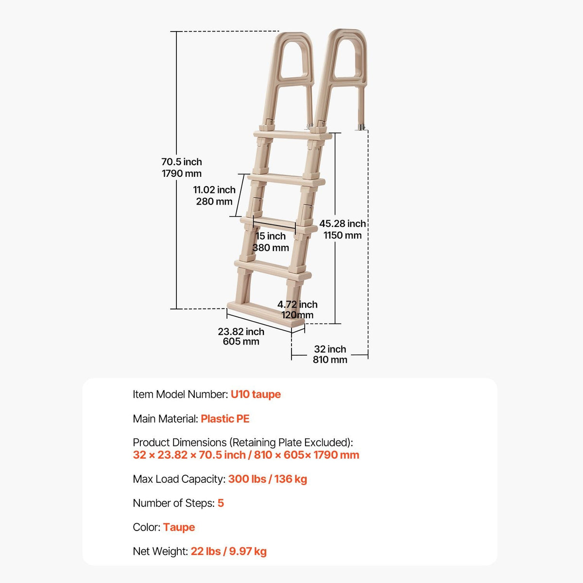 Swimming Pool Ladder, Inclined 5-Step Double Handrails Stair, Non-slip Heavy Duty Step, Load Capacity 300 lb, for 48-54" Inground & Above-ground Pools of Any Deck Surface Indoor & Outdoor, Taupe