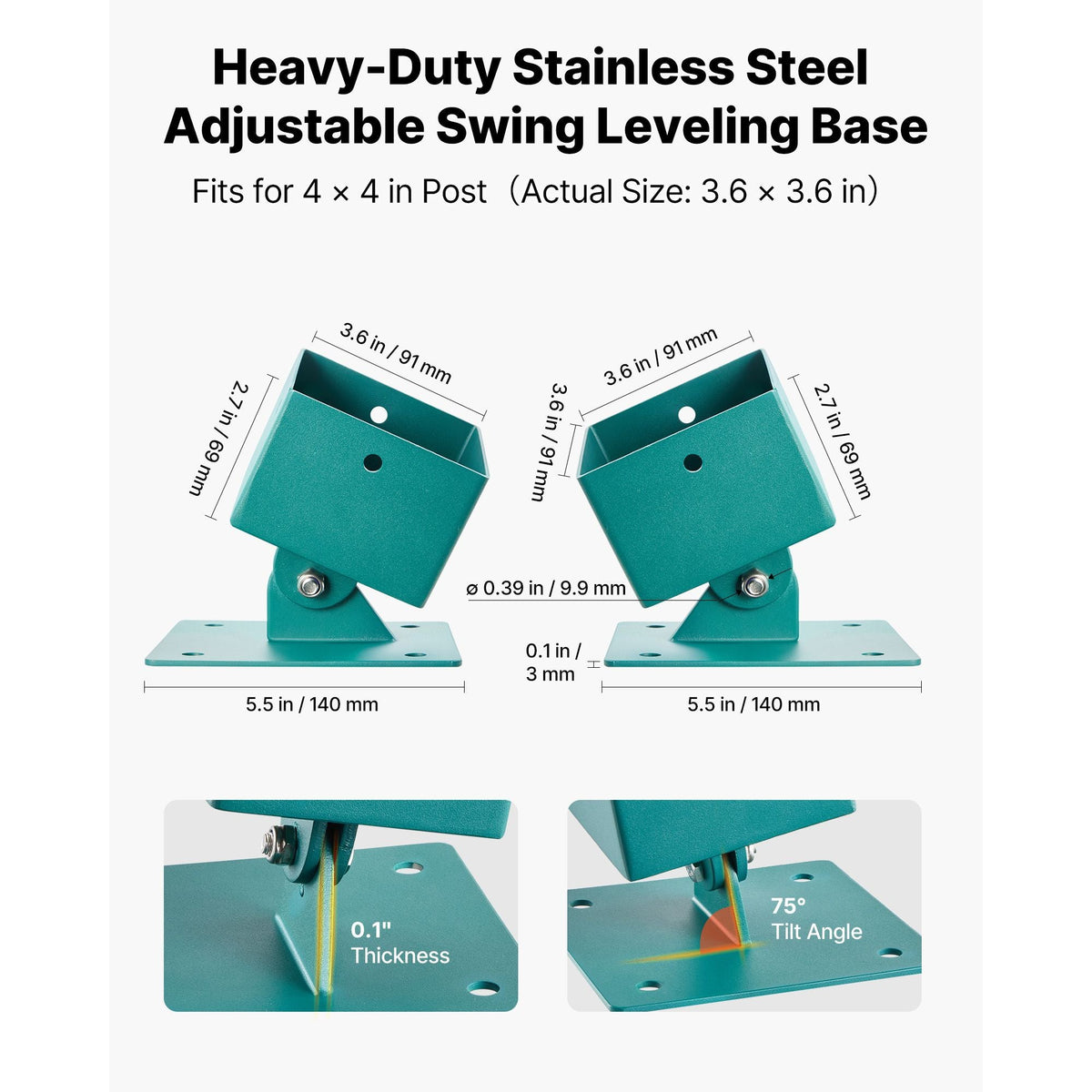 Swing Set Brackets, 4 Pack Heavy Duty Swing Set Leveling Hardware, Fits 4 x 4 in Post (Actual 3.6 x 3.6 in), 45°-60° Angle Range, Stainless Steel Anchor Level Kit on Uneven Grass Wooden Ground