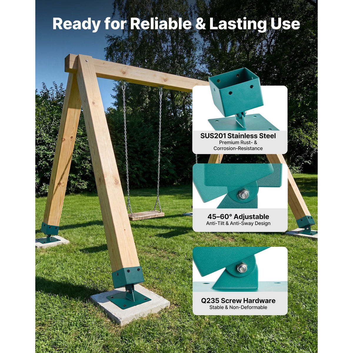 Swing Set Brackets, 4 Pack Heavy Duty Swing Set Leveling Hardware, Fits 4 x 4 in Post (Actual 3.6 x 3.6 in), 45°-60° Angle Range, Stainless Steel Anchor Level Kit on Uneven Grass Wooden Ground