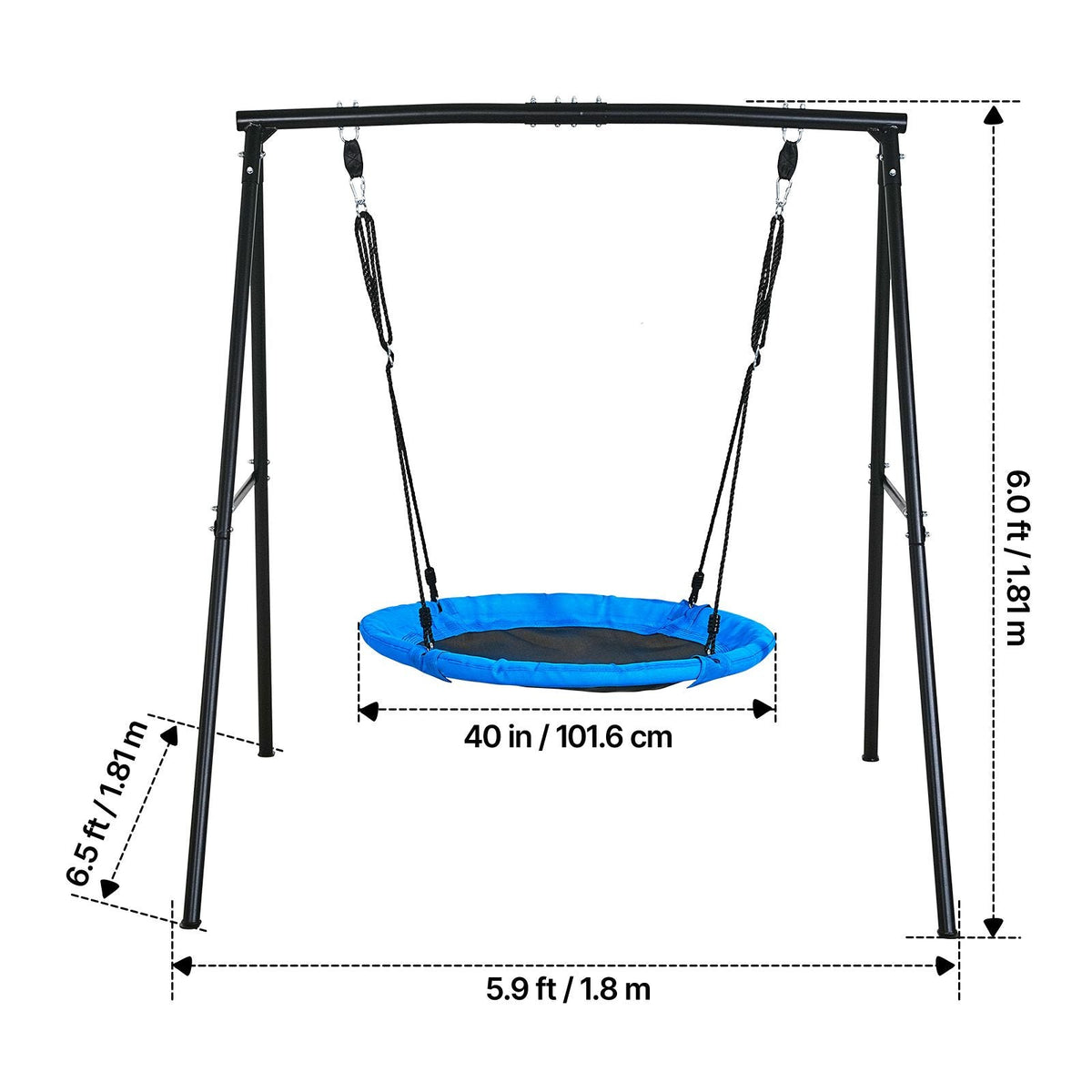 Swing Set for Backyard, 40 in Saucer Swing Seat with Heavy Duty A-Frame Metal Stand, 440 lbs Load Capacity, Reinforced with Spiral Ground Anchors, Swingset Outdoor for Kids, Black and Blue
