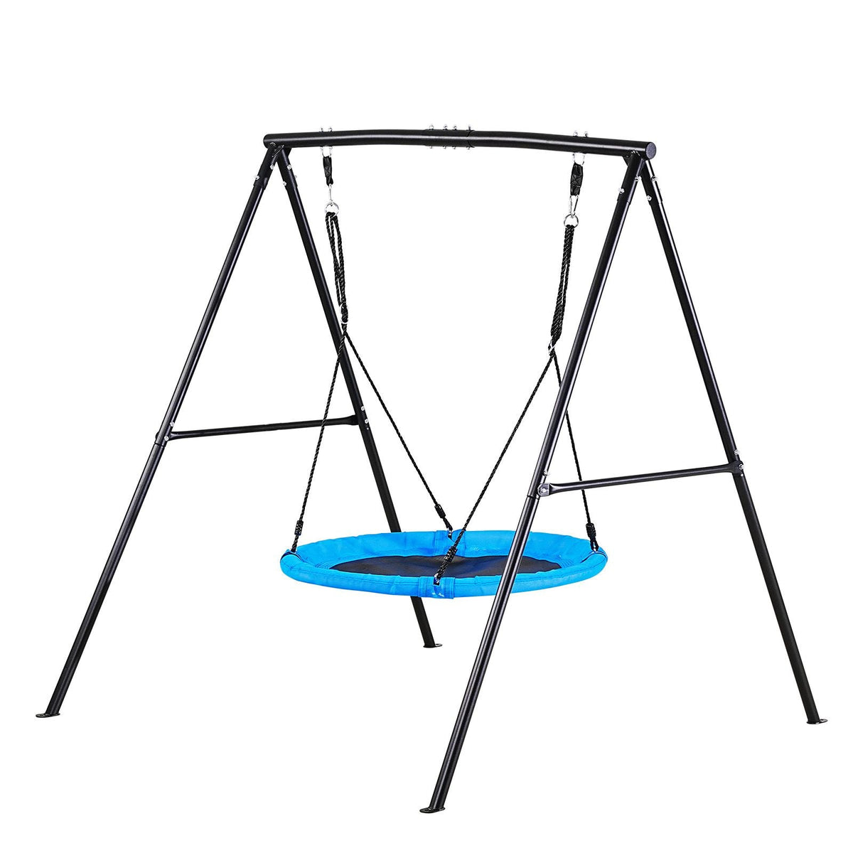 Swing Set for Backyard, 40 in Saucer Swing Seat with Heavy Duty A-Frame Metal Stand, 440 lbs Load Capacity, Reinforced with Spiral Ground Anchors, Swingset Outdoor for Kids, Black and Blue