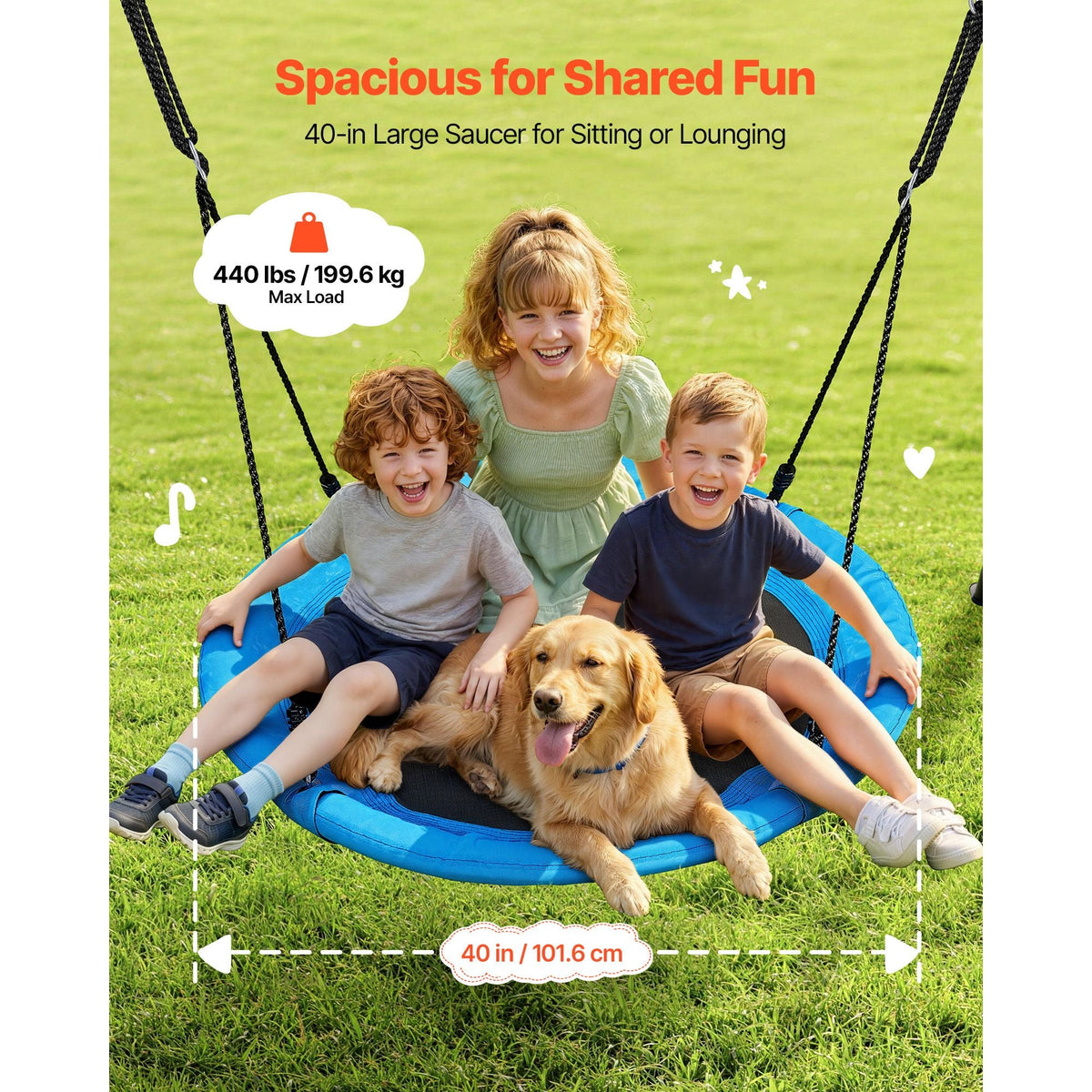 Swing Set for Backyard, 40 in Saucer Swing Seat with Heavy Duty A-Frame Metal Stand, 440 lbs Load Capacity, Reinforced with Spiral Ground Anchors, Swingset Outdoor for Kids, Black and Blue