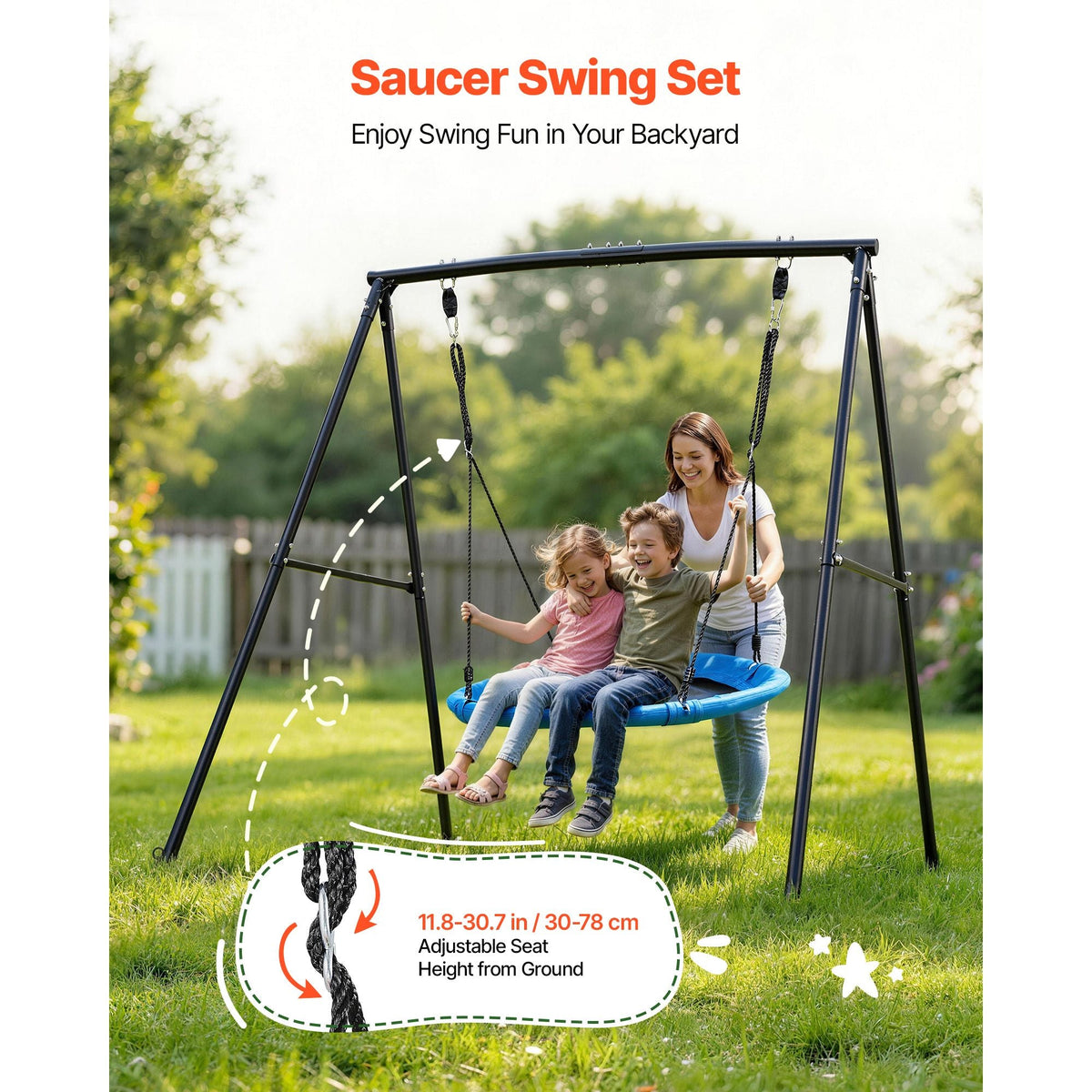 Swing Set for Backyard, 40 in Saucer Swing Seat with Heavy Duty A-Frame Metal Stand, 440 lbs Load Capacity, Reinforced with Spiral Ground Anchors, Swingset Outdoor for Kids, Black and Blue