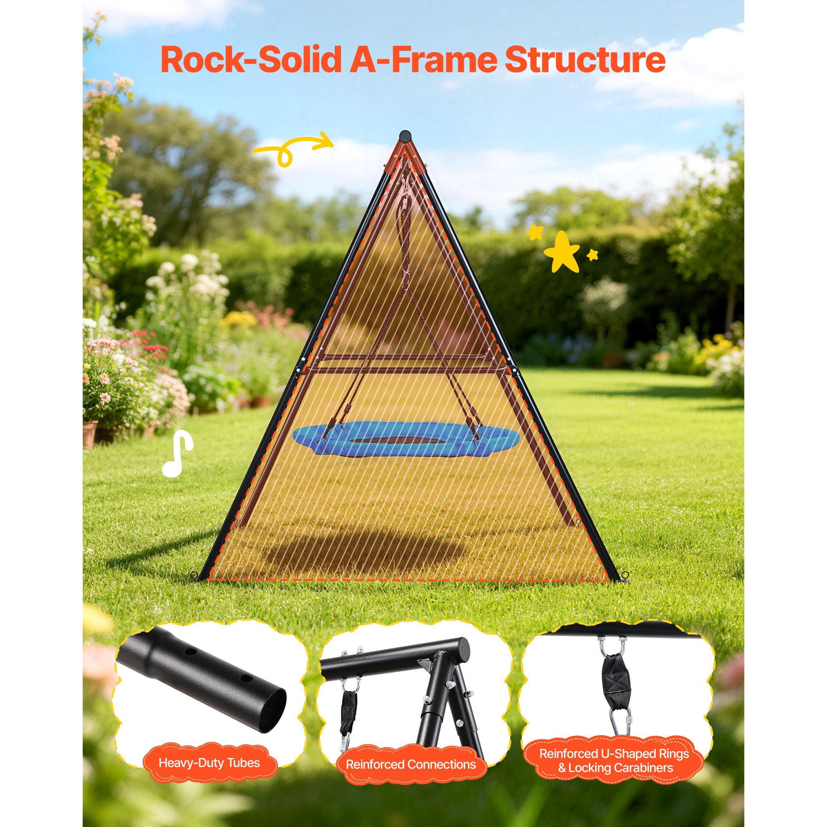 Swing Set for Backyard, 40 in Saucer Swing Seat with Heavy Duty A-Frame Metal Stand, 440 lbs Load Capacity, Reinforced with Spiral Ground Anchors, Swingset Outdoor for Kids, Black and Blue