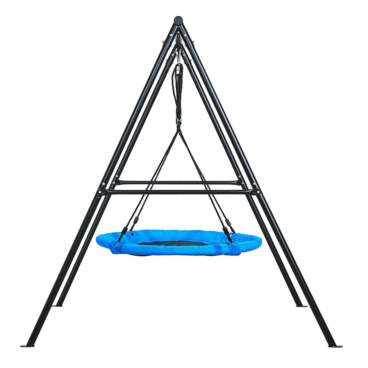 Swing Set for Backyard, 40 in Saucer Swing Seat with Heavy Duty A-Frame Metal Stand, 440 lbs Load Capacity, Reinforced with Spiral Ground Anchors, Swingset Outdoor for Kids, Black and Blue
