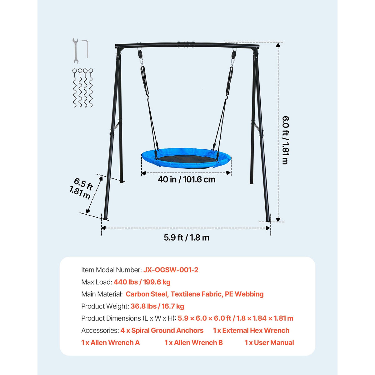 Swing Set for Backyard, 40 in Saucer Swing Seat with Heavy Duty A-Frame Metal Stand, 440 lbs Load Capacity, Reinforced with Spiral Ground Anchors, Swingset Outdoor for Kids, Black and Blue