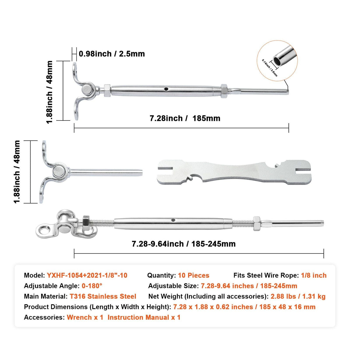 T316 Stainless Steel Adjustable Angle 1/8" Cable Railing Kit/Hardware for Wood Post, Marine Grade for 1/8"Wire Rope,0-180-Degree Angle & Easy Installation, Silver (10 Pack)
