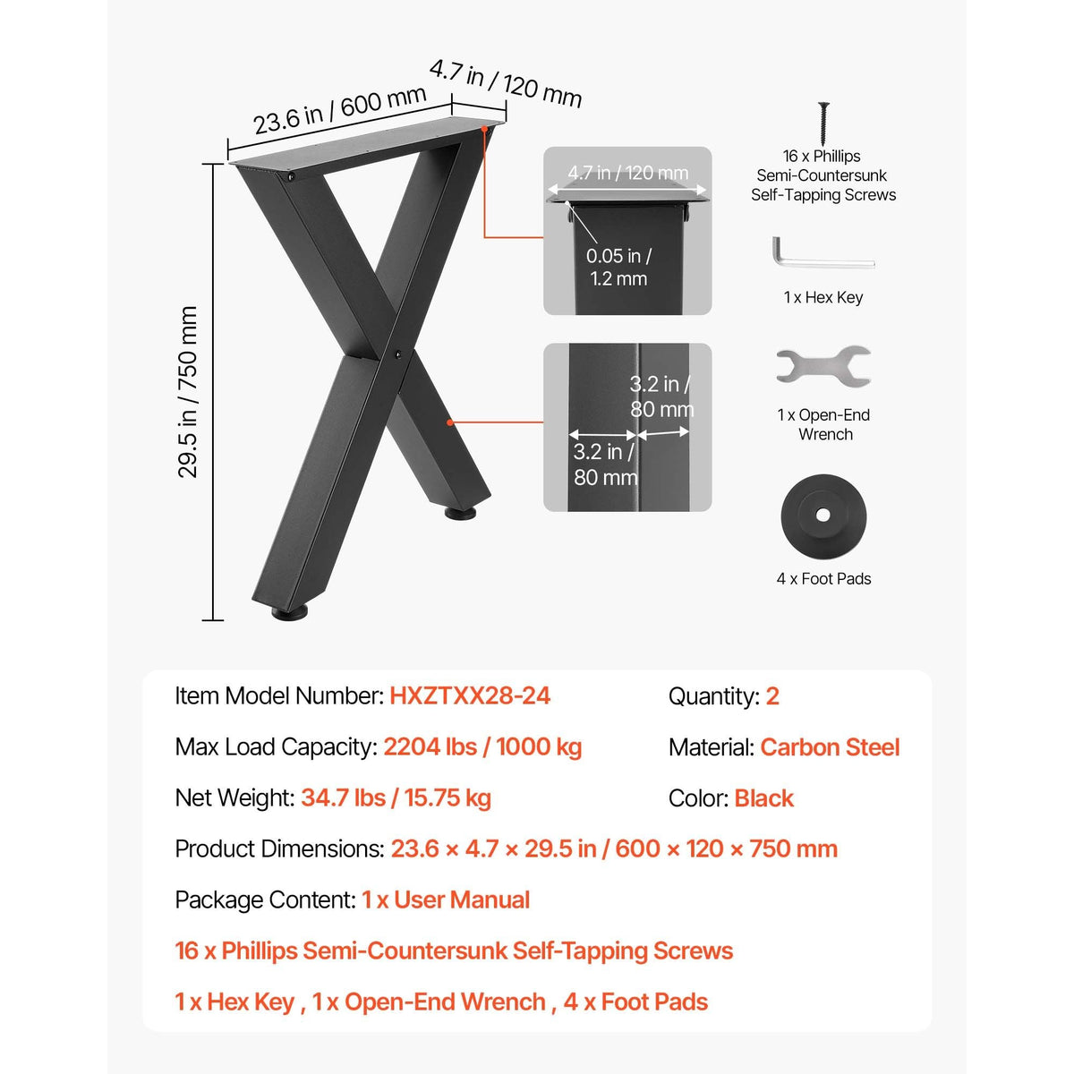 Table Legs, 29.5" H x 23.6" W Steel Furniture Legs, Modular Design, Easy Assembly, 2204 lbs Max Load Heavy Duty, for Home Office Desk, Coffee Dinner Bar Tables, Workbench,2 PCS, X Frame, Black