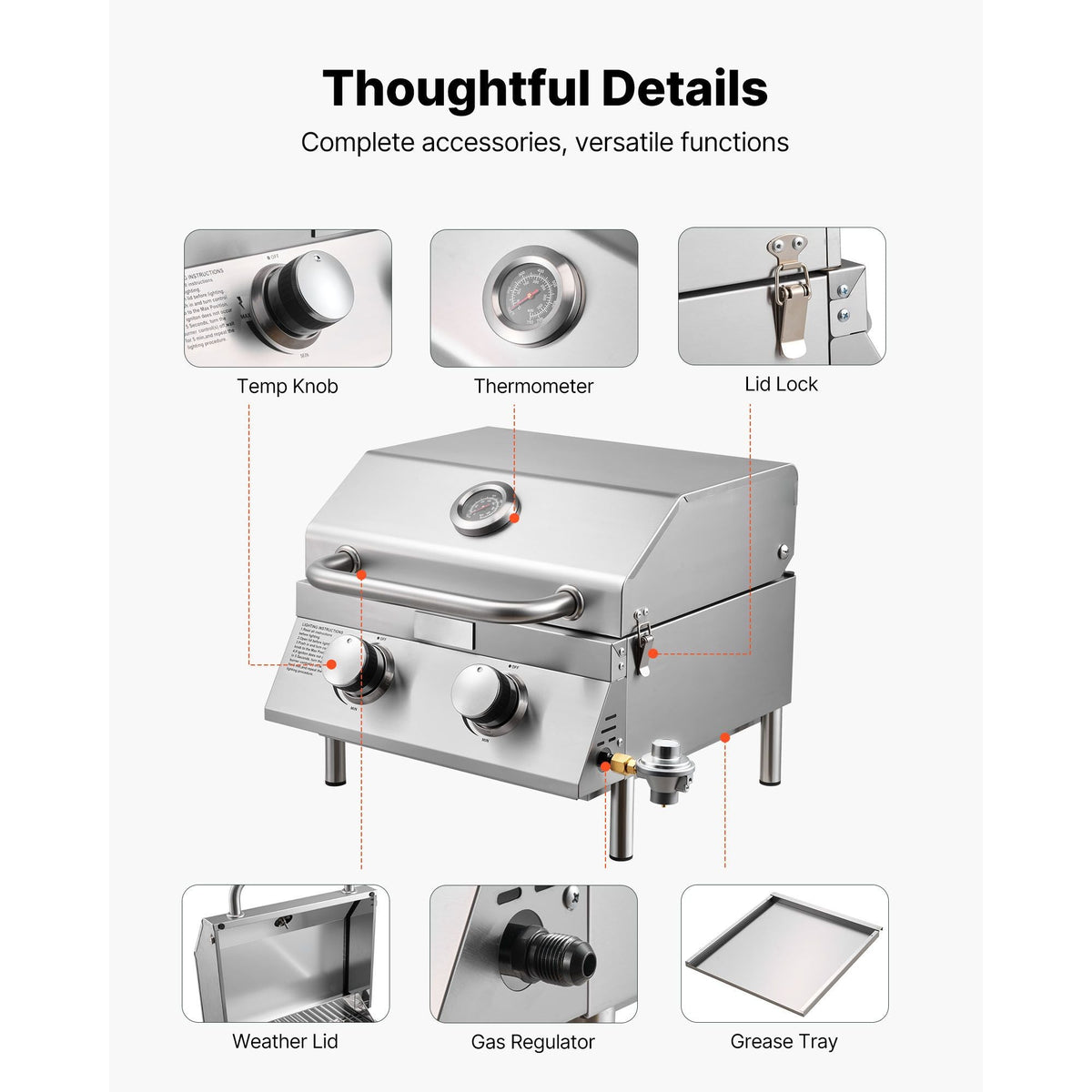 Tabletop Gas Grill, 2-Burner Stainless Steel Portable Propane Grill, with Built-in Thermometer, Travel Locks, Weatherproof Lid, 15,000 BTU Total, for Outdoor Cooking, Patio, Party, Camping, RV