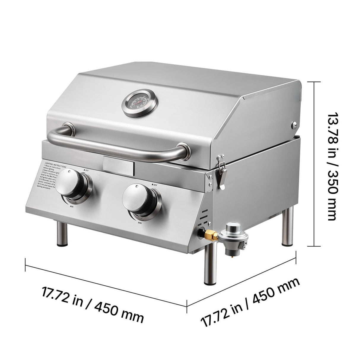 Tabletop Gas Grill, 2-Burner Stainless Steel Portable Propane Grill, with Built-in Thermometer, Travel Locks, Weatherproof Lid, 15,000 BTU Total, for Outdoor Cooking, Patio, Party, Camping, RV