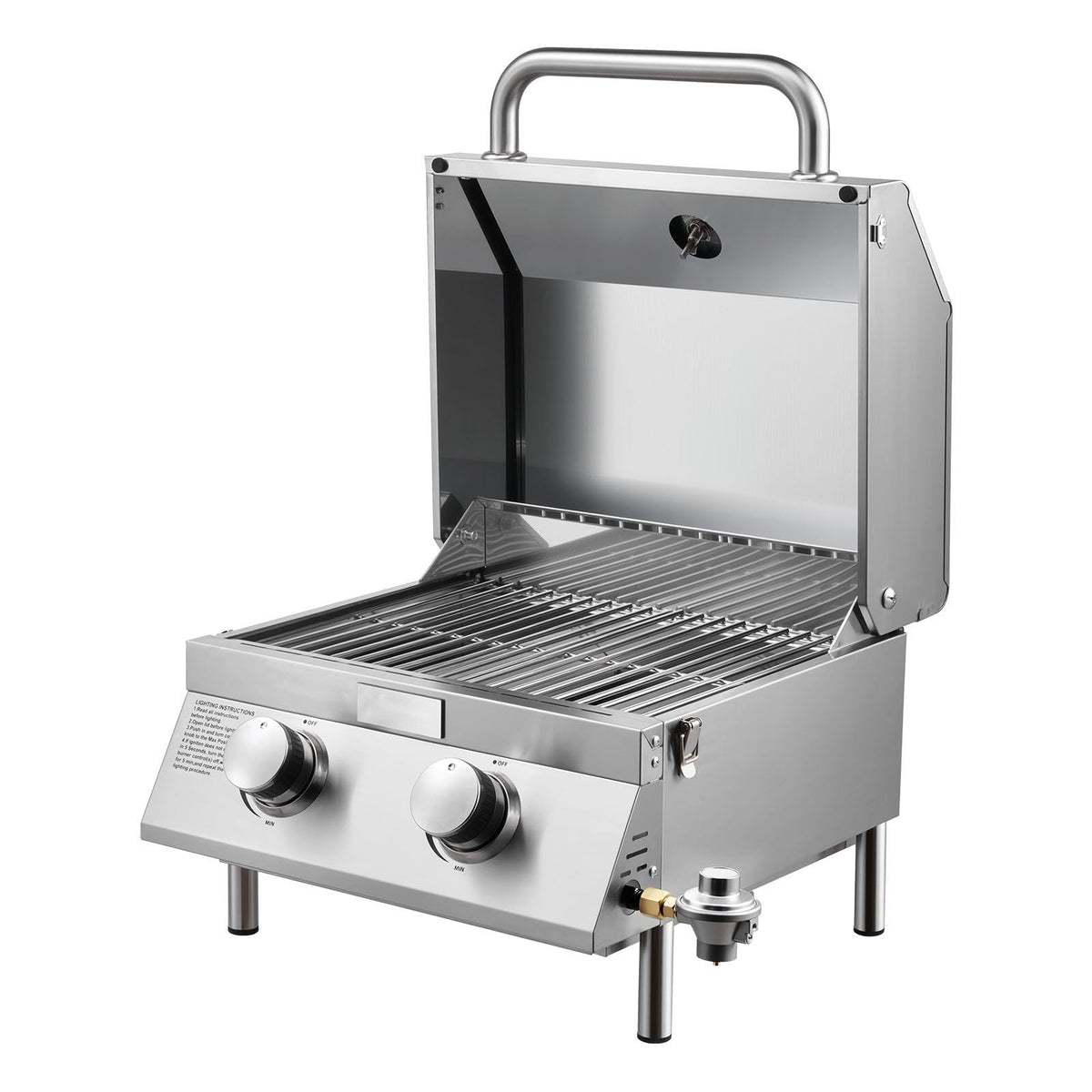 Tabletop Gas Grill, 2-Burner Stainless Steel Portable Propane Grill, with Built-in Thermometer, Travel Locks, Weatherproof Lid, 15,000 BTU Total, for Outdoor Cooking, Patio, Party, Camping, RV