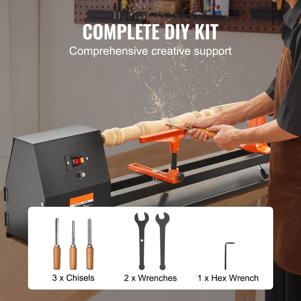 Tabletop Wood Lathe, Dimensions 14x40 inches, Motor Power 0.5 HP 370W, Features Variable Speeds 885/1245/1715/2425 RPM, Includes Chisels, Faceplate, Plastic Handle, Hex Wrench, Ideal for Craf