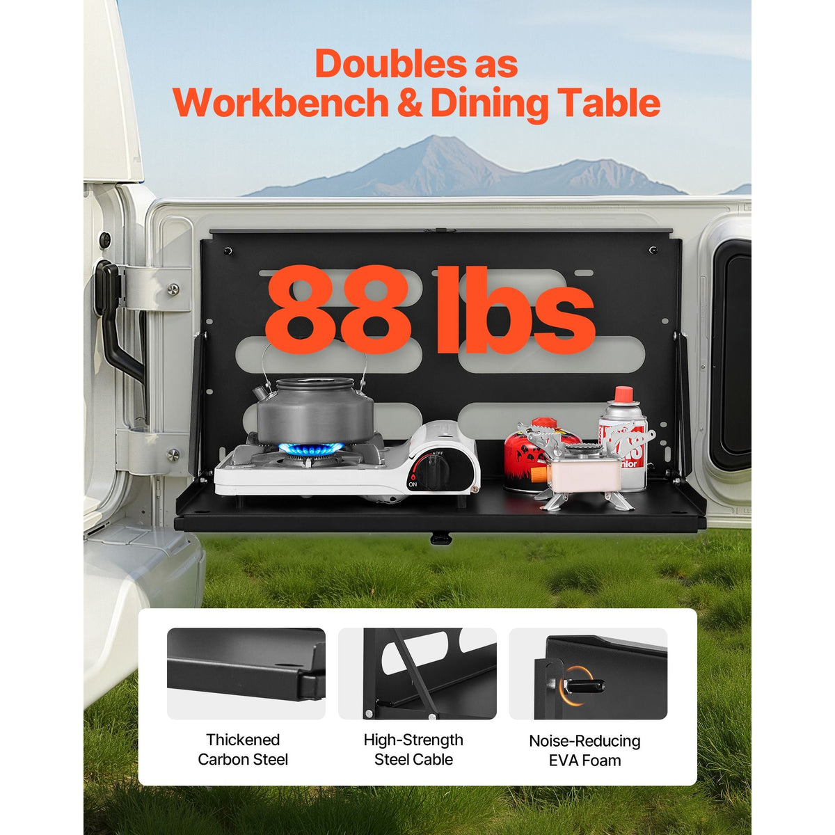 Tailgate Table, for 2007-2024 Jeep Wrangler JK, 88 lbs Capacity, Carbon Steel Foldable Molle Panel Drop Down Table, Rear Door Cargo Storage Rack Shelf Luggage Holder Carrier Camping Accessories