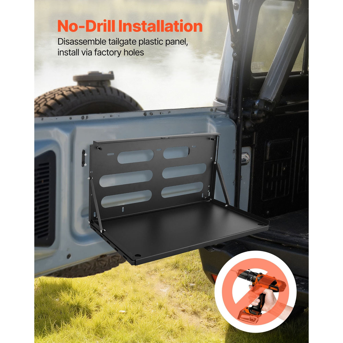 Tailgate Table, for 2007-2024 Jeep Wrangler JK, 88 lbs Capacity, Carbon Steel Foldable Molle Panel Drop Down Table, Rear Door Cargo Storage Rack Shelf Luggage Holder Carrier Camping Accessories