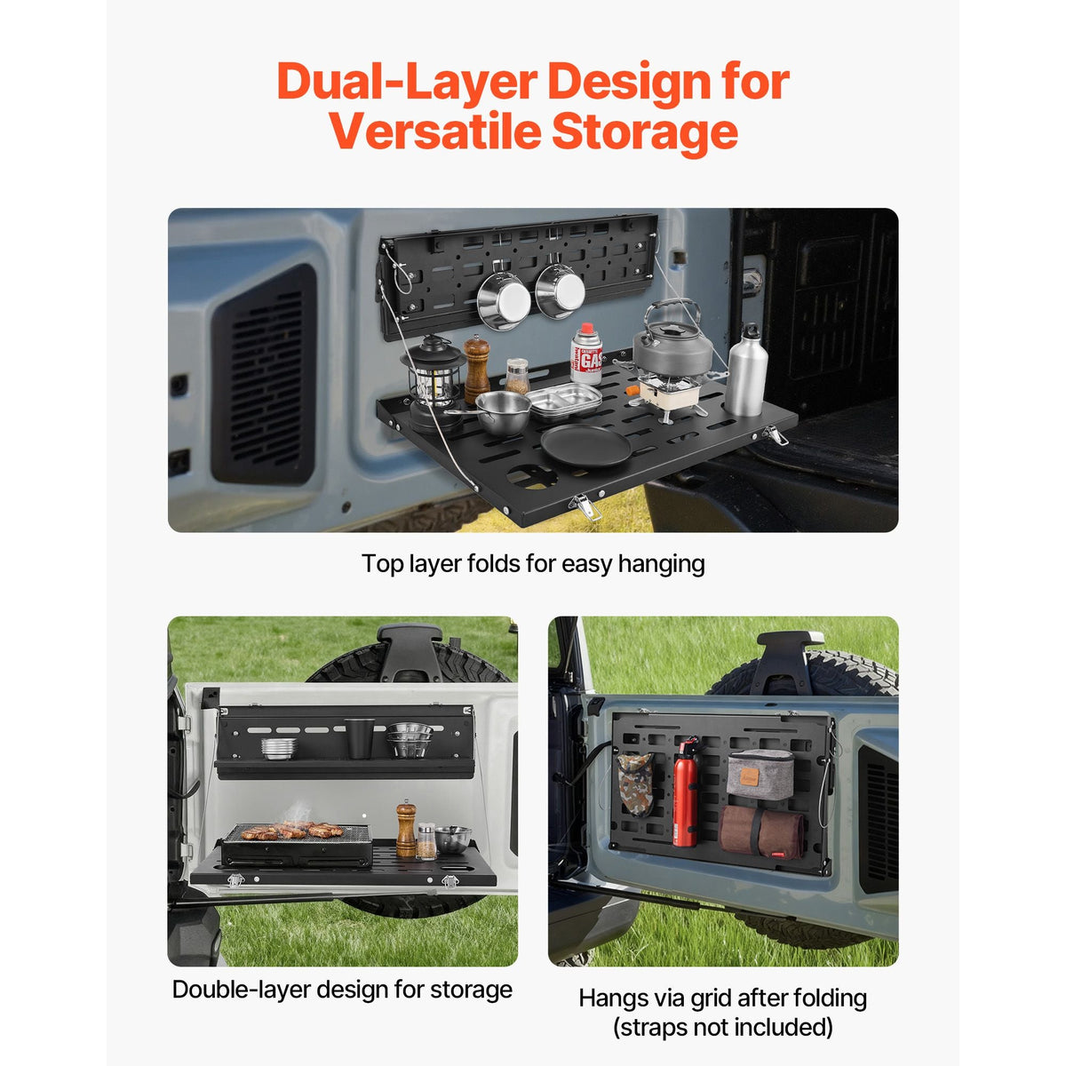 Tailgate Table, for 2021-2025 Ford Bronco, 88 lbs, Carbon Steel Foldable Molle Panel Double-Layer Drop Down Table, Rear Door Cargo Storage Rack Shelf Luggage Holder Carrier Camping Accessories