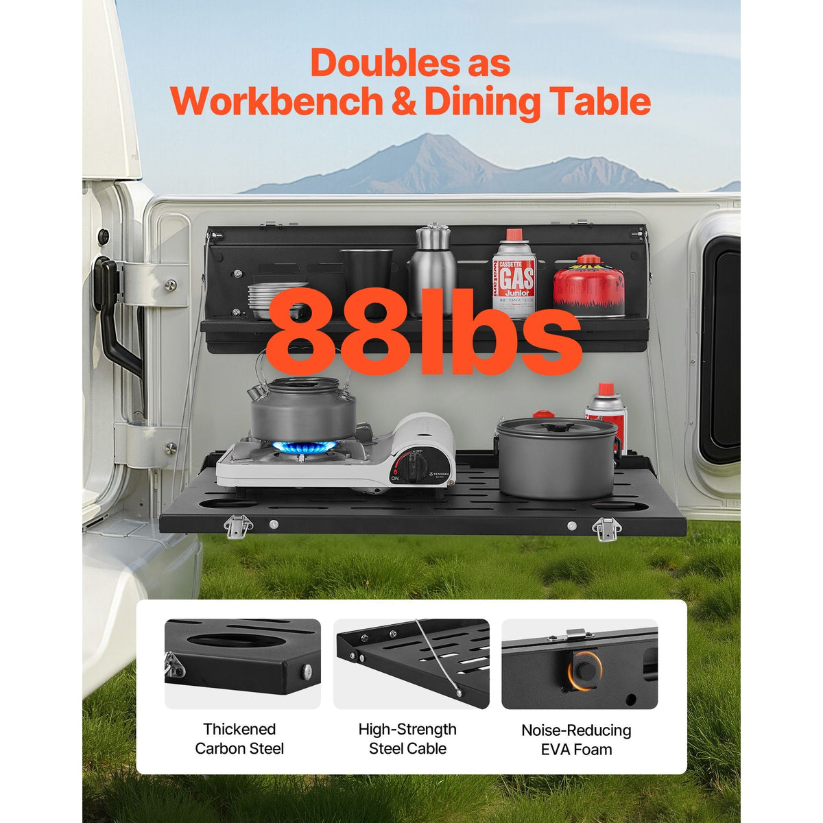 Tailgate Table, for 2021-2025 Ford Bronco, 88 lbs, Carbon Steel Foldable Molle Panel Double-Layer Drop Down Table, Rear Door Cargo Storage Rack Shelf Luggage Holder Carrier Camping Accessories