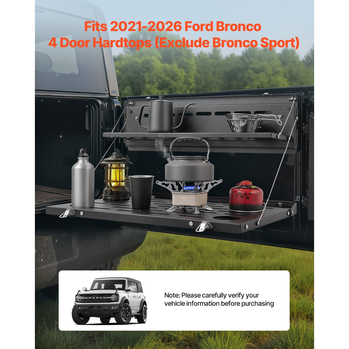 Tailgate Table, for 2021-2025 Ford Bronco, 88 lbs, Carbon Steel Foldable Molle Panel Double-Layer Drop Down Table, Rear Door Cargo Storage Rack Shelf Luggage Holder Carrier Camping Accessories